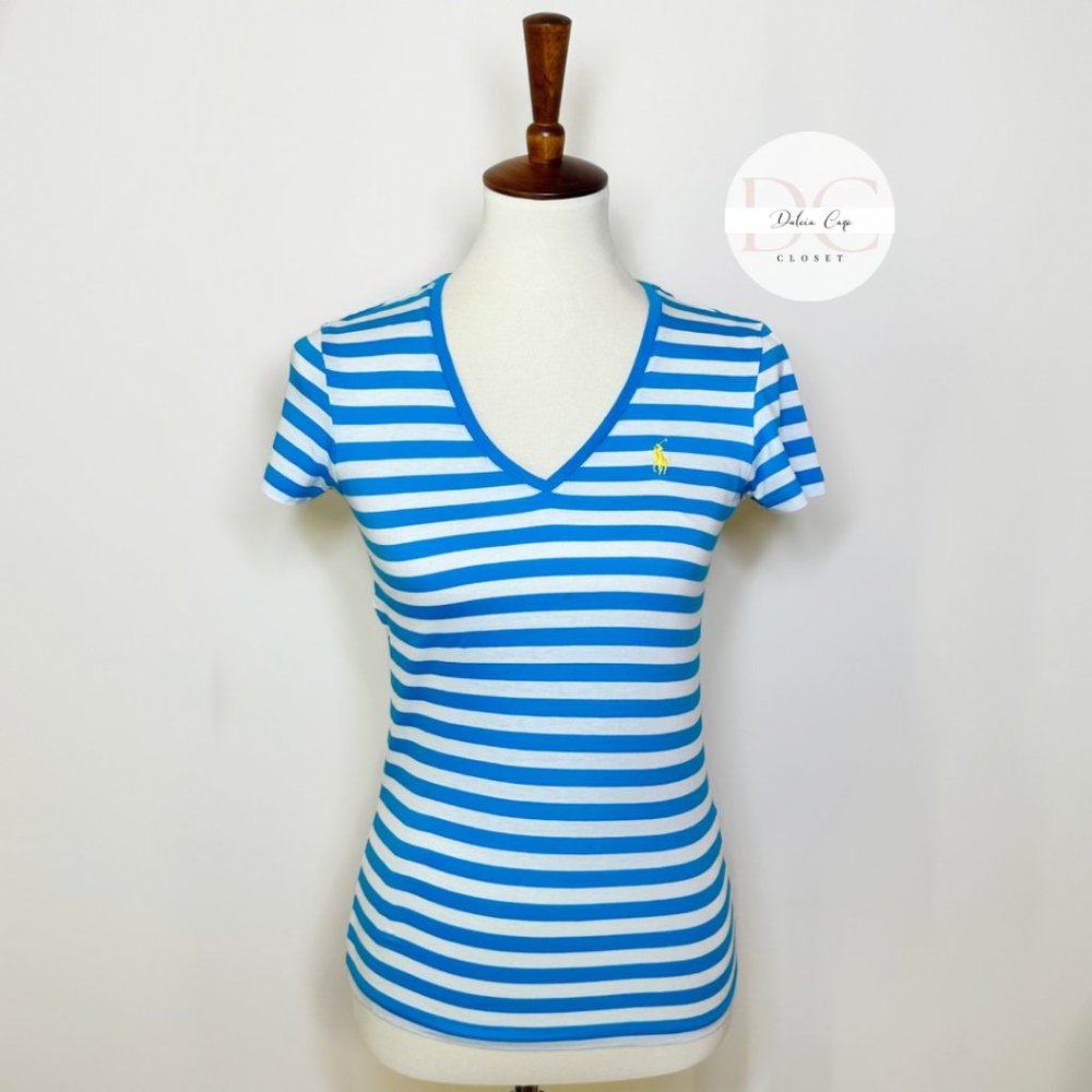 Ralph Lauren Sport Women V-Neck Stripe Tee T-Shirt Top Pony Size S